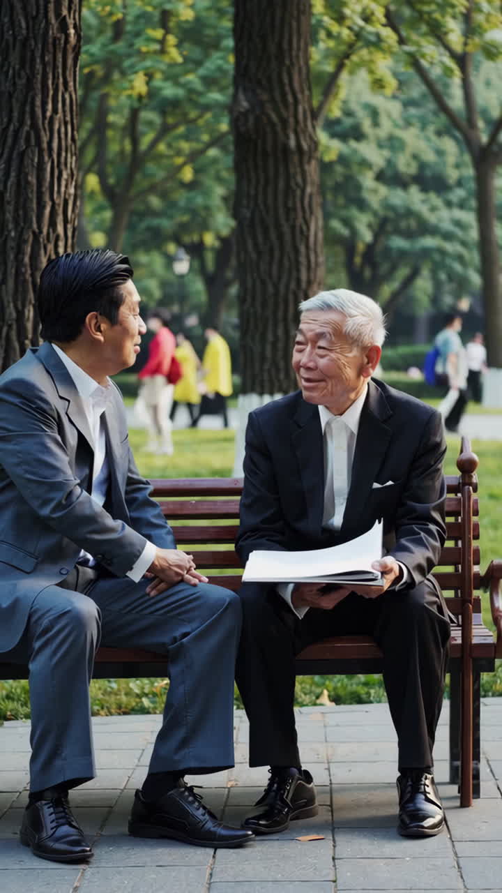 Two Men in Business Suits Having a Conversation in a Park