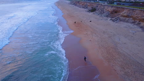 drone footage of a surfer walking on the beach at sundown