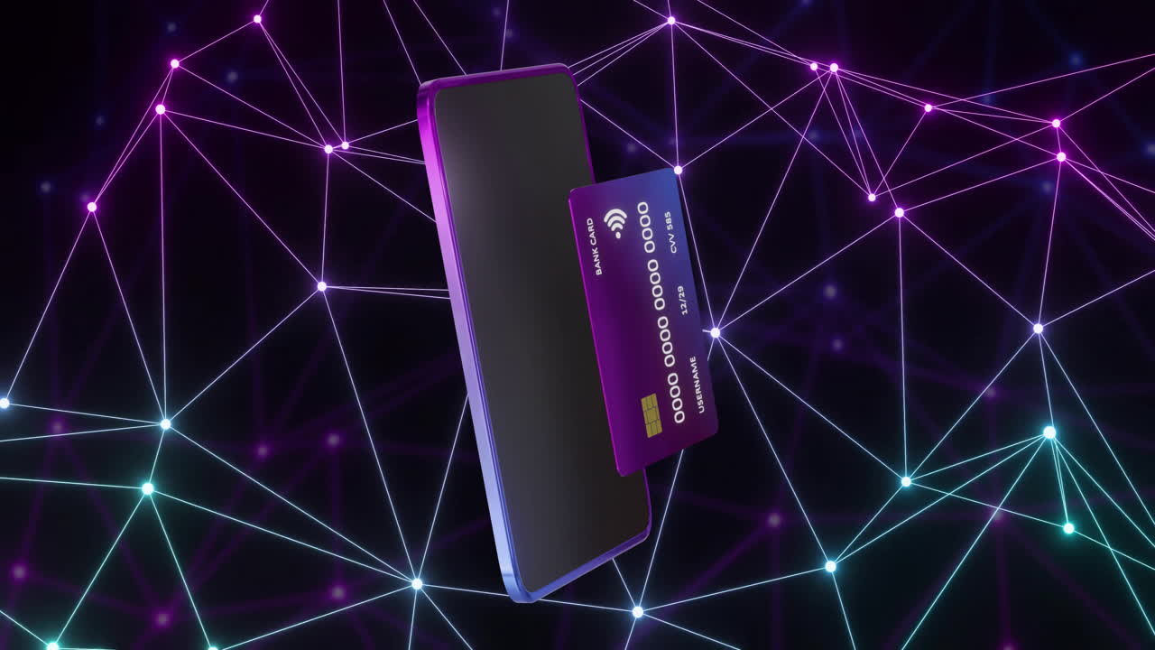 Animation of smartphone and credit card with data over black background