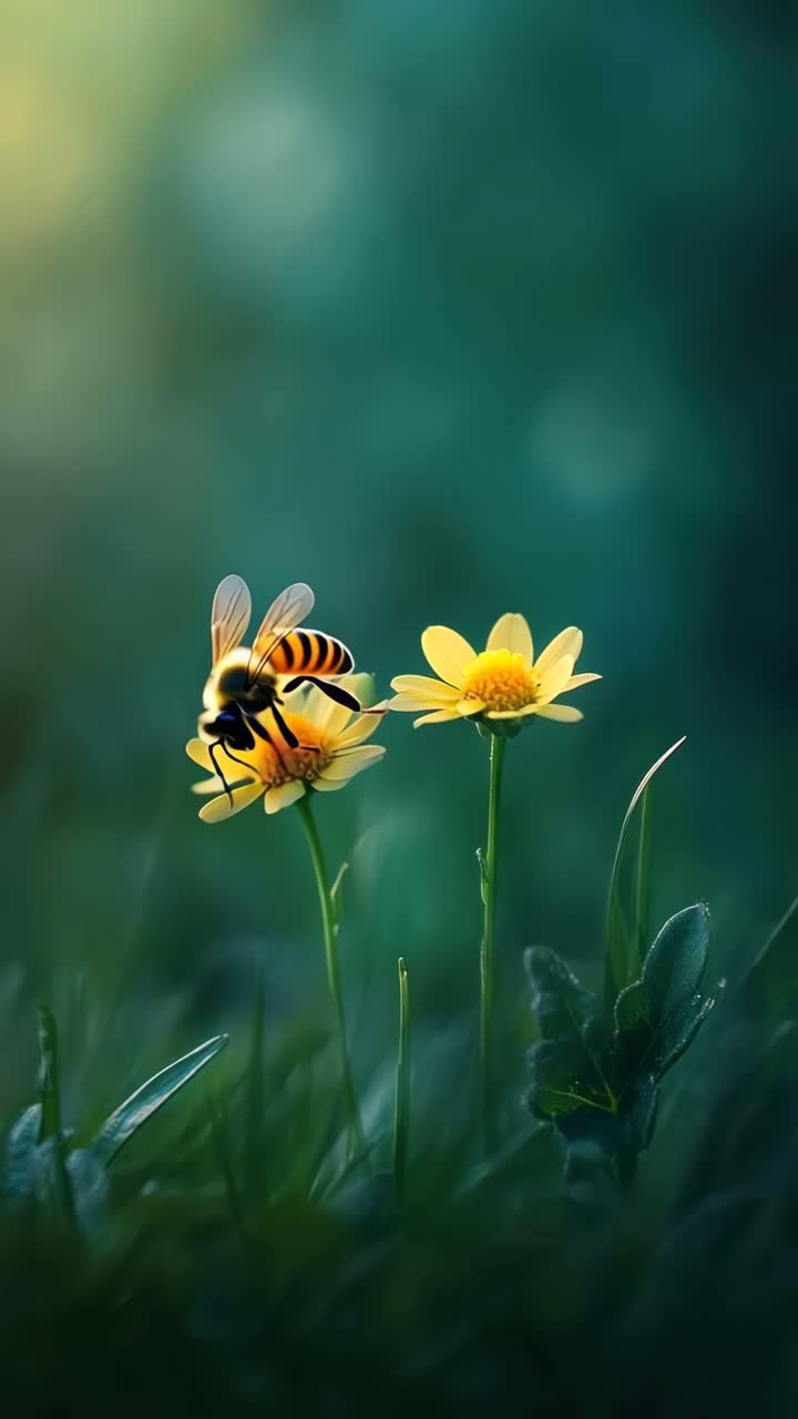 Close-up video-style shot of a bee on yellow flowers, captured from a low angle with a blurred green