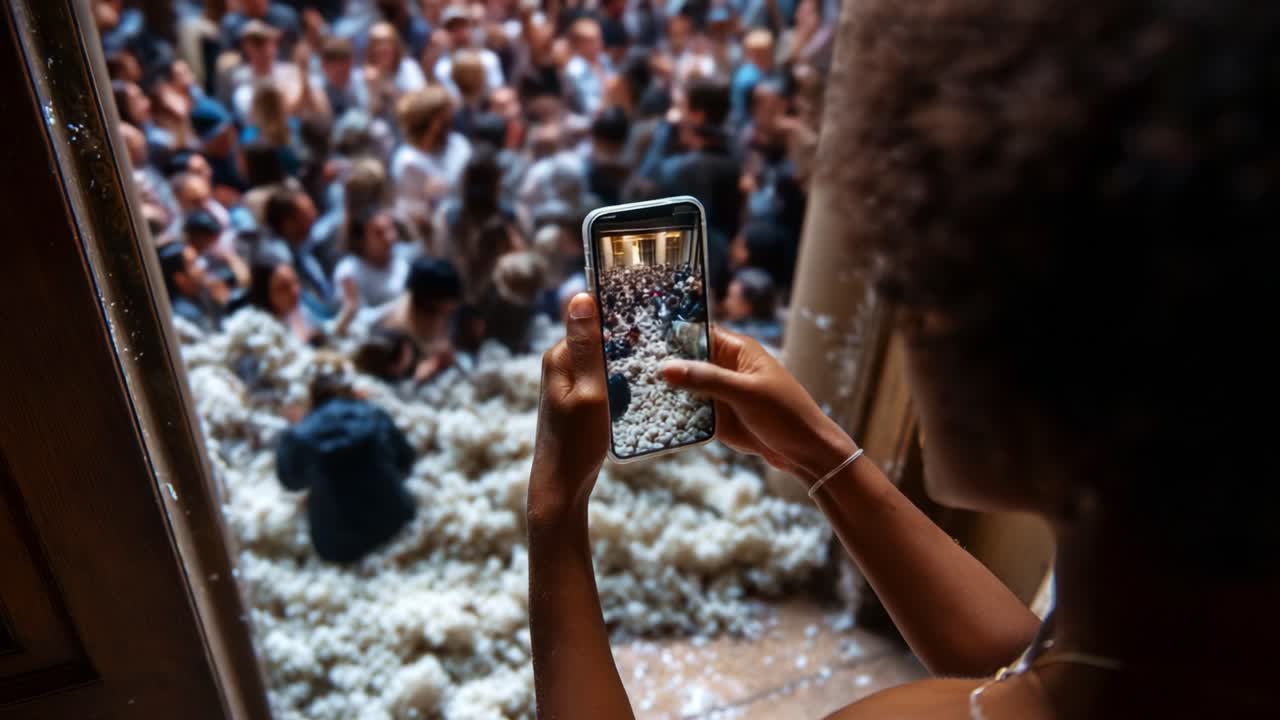A Captivating Moment: A Person Captures a Vibrant Crowd through a Smartphone in a Flurry of Closing Foam, Encapsulating the Excitement of a Festive Gathering