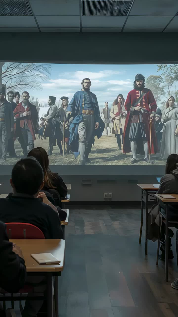 Vertical video: Screen showing period group walking toward class, hooded students noting for class