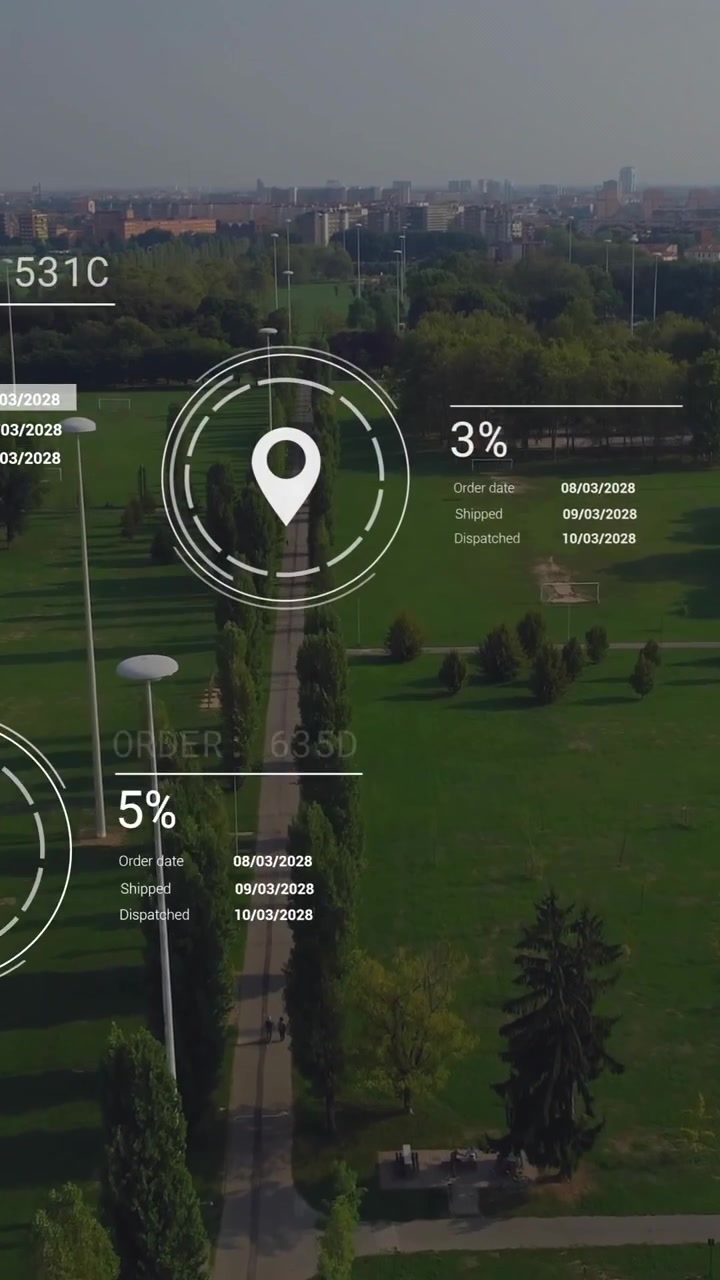 Animazione di una rete di icone ed elaborazione dati su un paesaggio