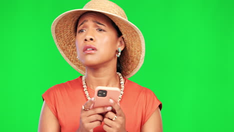 Sad-woman,-green-screen-or-phone-with-network