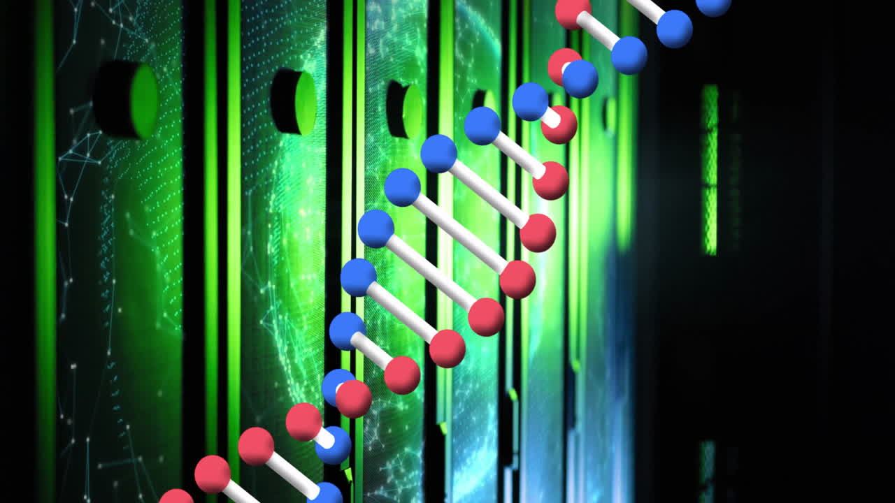 Processing scientific data, DNA strand intertwining with binary code animation