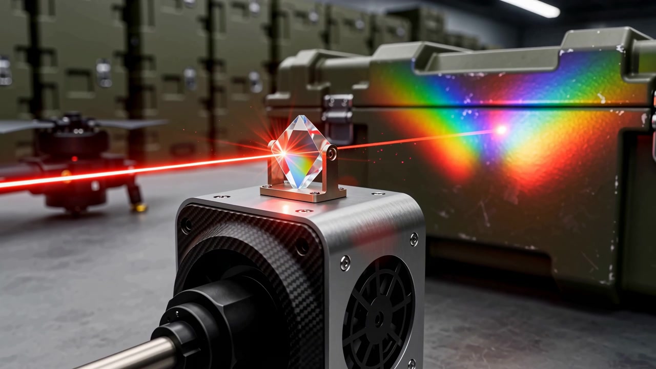 Close view shows laser light emitting from device toward panel while colorful reflections appear on surface, with dark machinery background, metallic textures, and steady composition.