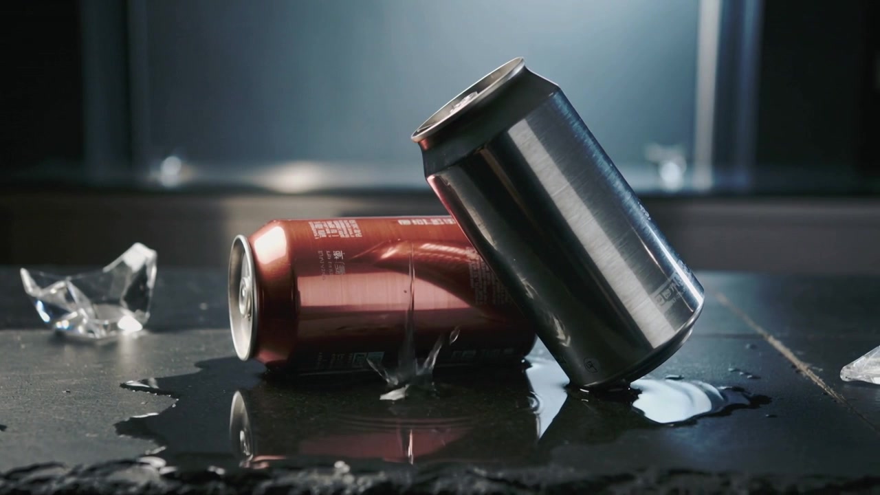 Lattina d'argento che si inclina rilasciando liquido trasparente su un bancone scuro, formando una pozzanghera vicino a una lattina rossa, scheggia di ghiaccio.