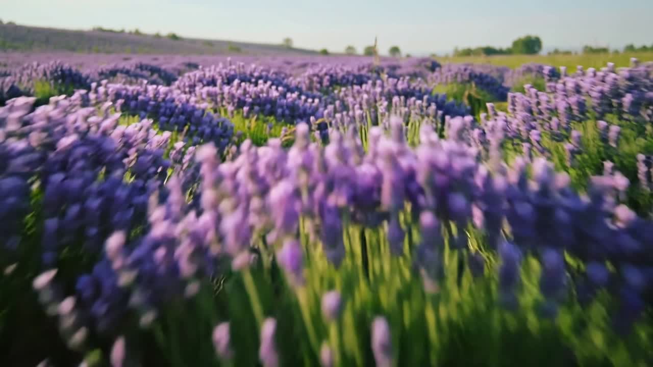 Carrello telecamera scorrevole che avvia il motore, viaggiando attraverso un campo di lavanda coltivato, rivelando grappoli