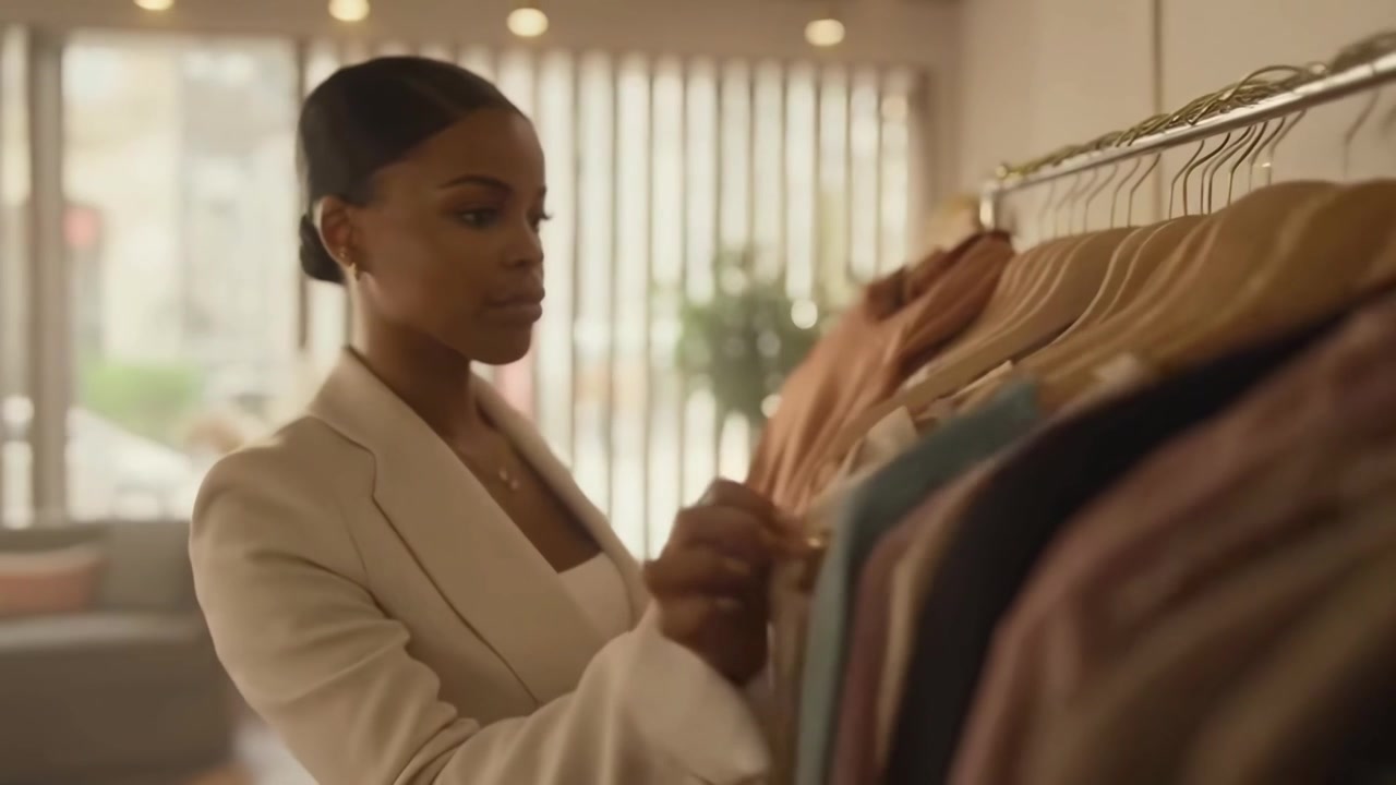 Stylish Woman Selecting an Outfit from a Clothing Rack