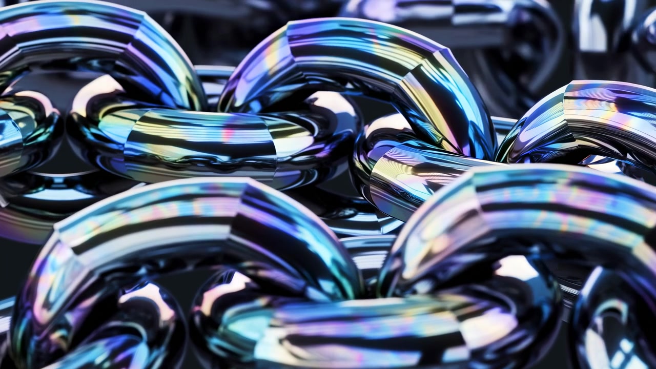 Interlocked chrome rings with mirror-like iridescent coating show shifting blue, cyan, purple, pink, and gold highlights across glossy curved surfaces, creating premium abstract depth