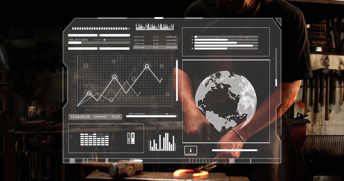Blacksmith heating metal in forge to shape, hammering onto anvil while HUD tracking charts, globe