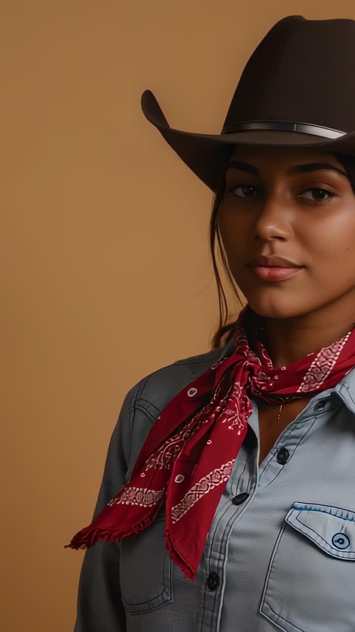 Vertical video: Turning studio model wearing cowboy hat, bandana smiling toward camera, copy space