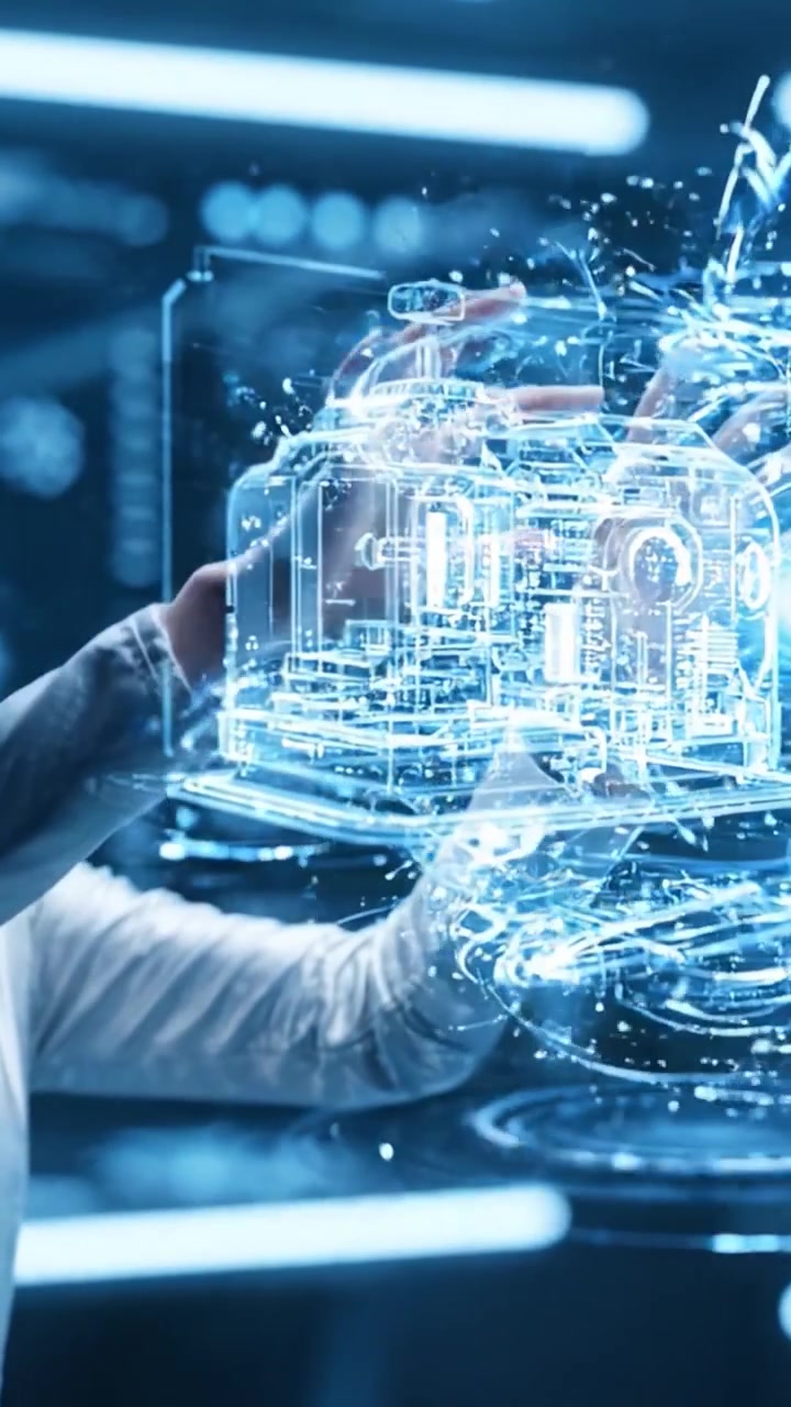 Futuristic Interface Interaction: A skilled operator engages with a holographic display, manipulating vibrant light particles to create stunning visual effects and advanced technology.