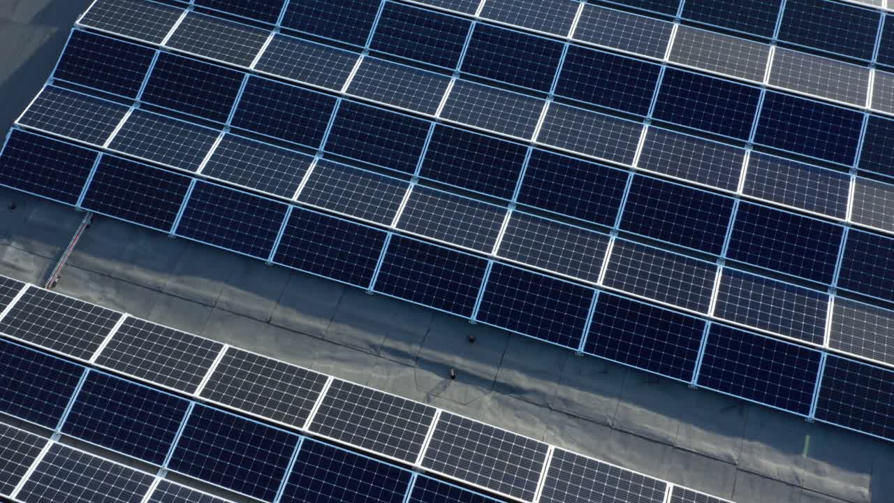 Birdseye Aerial View of Solar PV Panel Array, Modern Alternative Electric Energy Solution System
