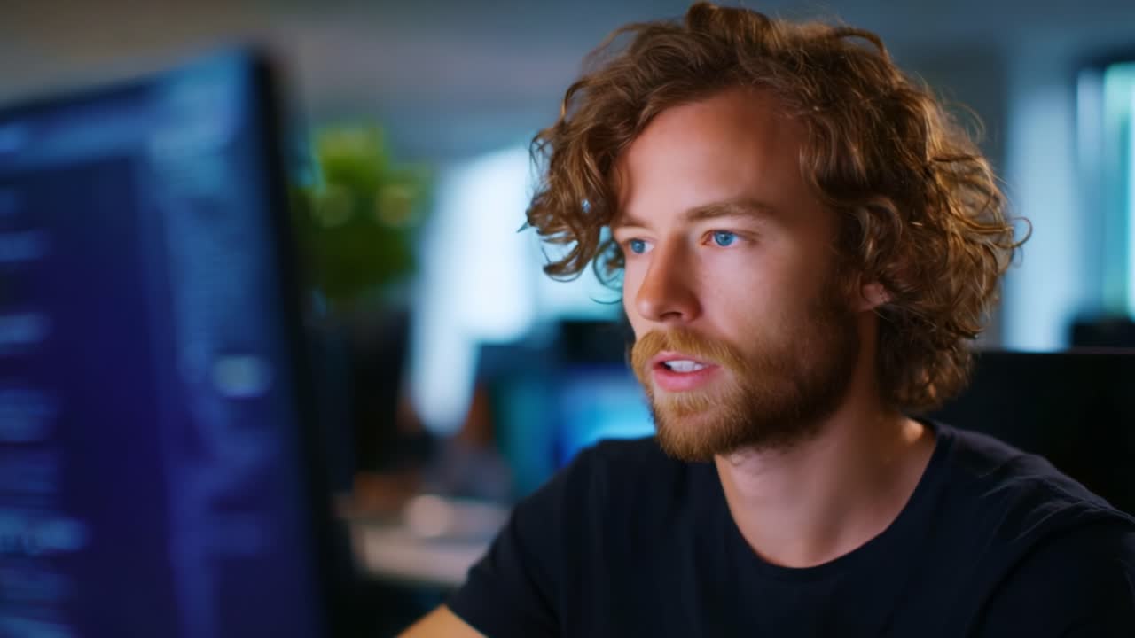 Focused Individual Engaged in Digital Work at Computer in Modern Office Environment, Highlighting Concentration and Creative Thinking in a Professional Setting