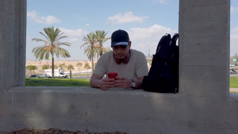 young man looking at his mobile phone in a park on a sunny day.