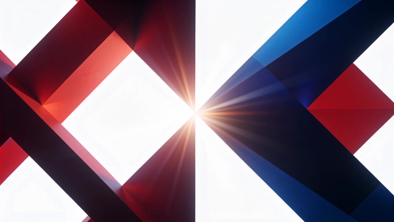 Entering from sides, blue and red chevrons sliding toward center on white backdrop making starburst