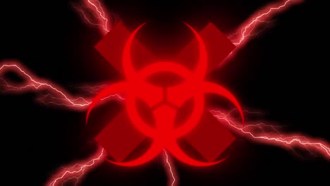 Animation-of-lightning-and-biohazard-symbol-on-black-background