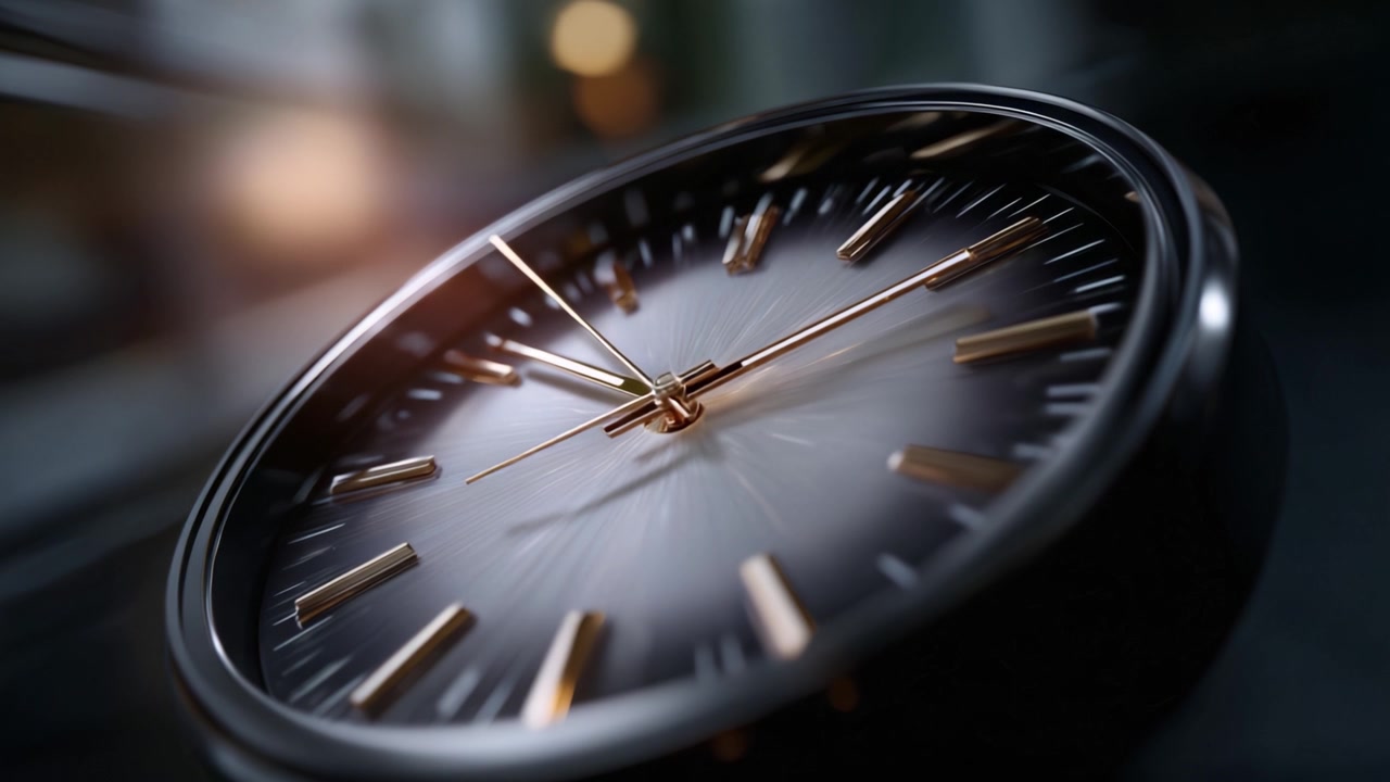 A Close-Up Look at a Stylish Analog Clock Showing the Passage of Time with Elegant Design and Glimmering Details Captured in Stunning Cinematic Quality