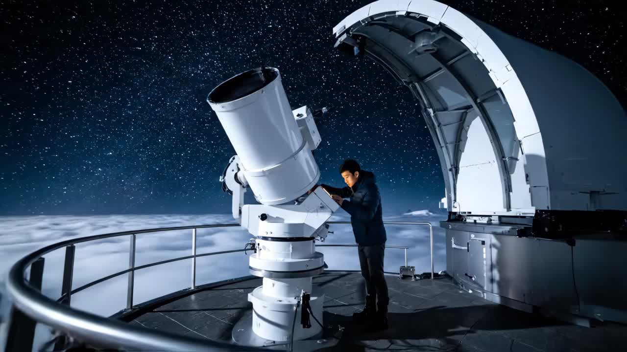 A person using a telescope at an observatory under the stars