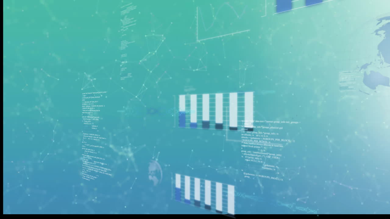 Animation of digital data processing with statistics over blue background