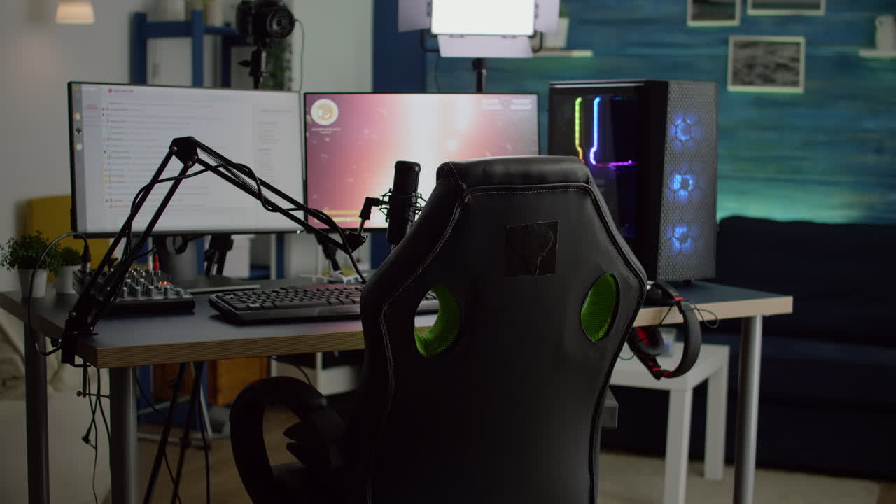 Streaming professsional microphone in empty gaming home studio