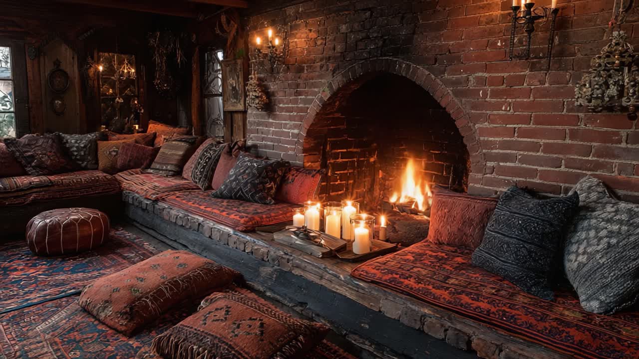 Rifugio accogliente accanto al camino: un angolo caldo e invitante con morbidi cuscini, illuminazione soffusa e un fuoco scoppiettante per il massimo relax e comfort.