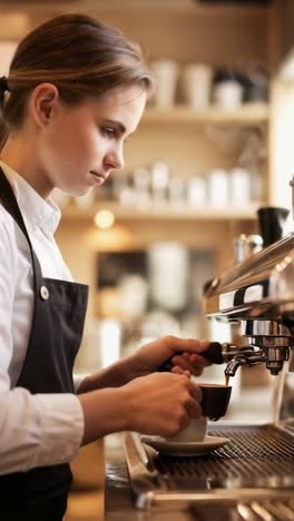 professional barista preparing coffee using coffee maker and drip kettle.