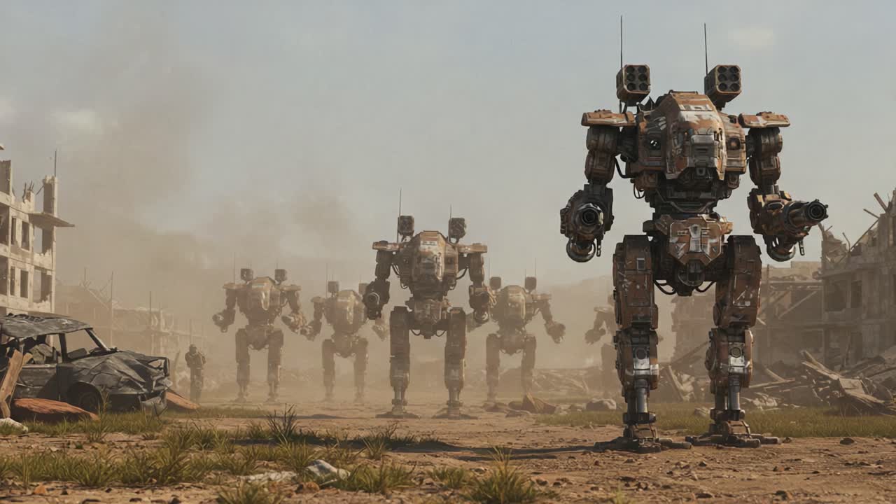 A Dystopian Landscape Featuring Humanoid Robots Marching through a Devastated Urban Environment, Showcasing Advanced Robotics and Futuristic Warfare Scenarios