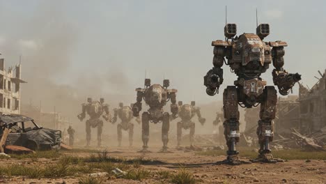 a dystopian landscape featuring humanoid robots marching through a devastated urban environment, showcasing advanced robotics and futuristic warfare scenarios