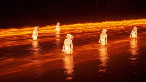 a mesmerizing display of ethereal figures illuminated in fiery glow, merging with an enigmatic stream of orange radiance in a dark mystical setting