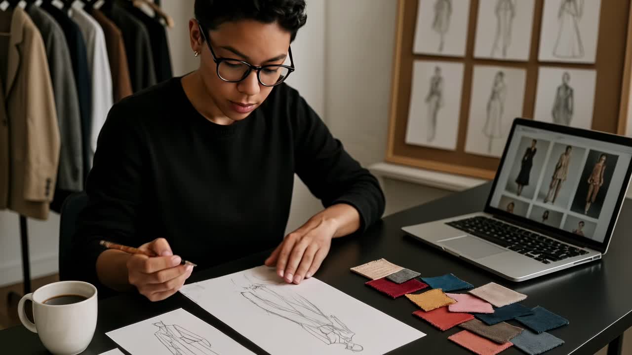 A designer sketches fashion concepts at a desk, viewed from a high angle
