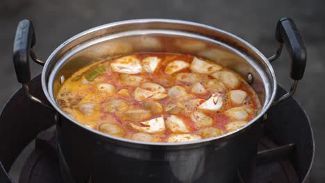 Delicious pot of Tom Yum soup being prepared by thai woman