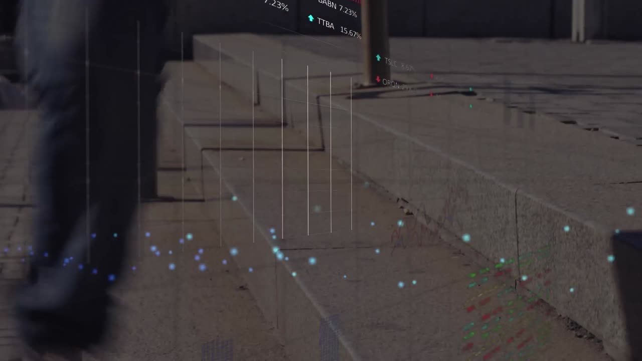 Animation of blue glowing spots over pedestrians walking in fast motion