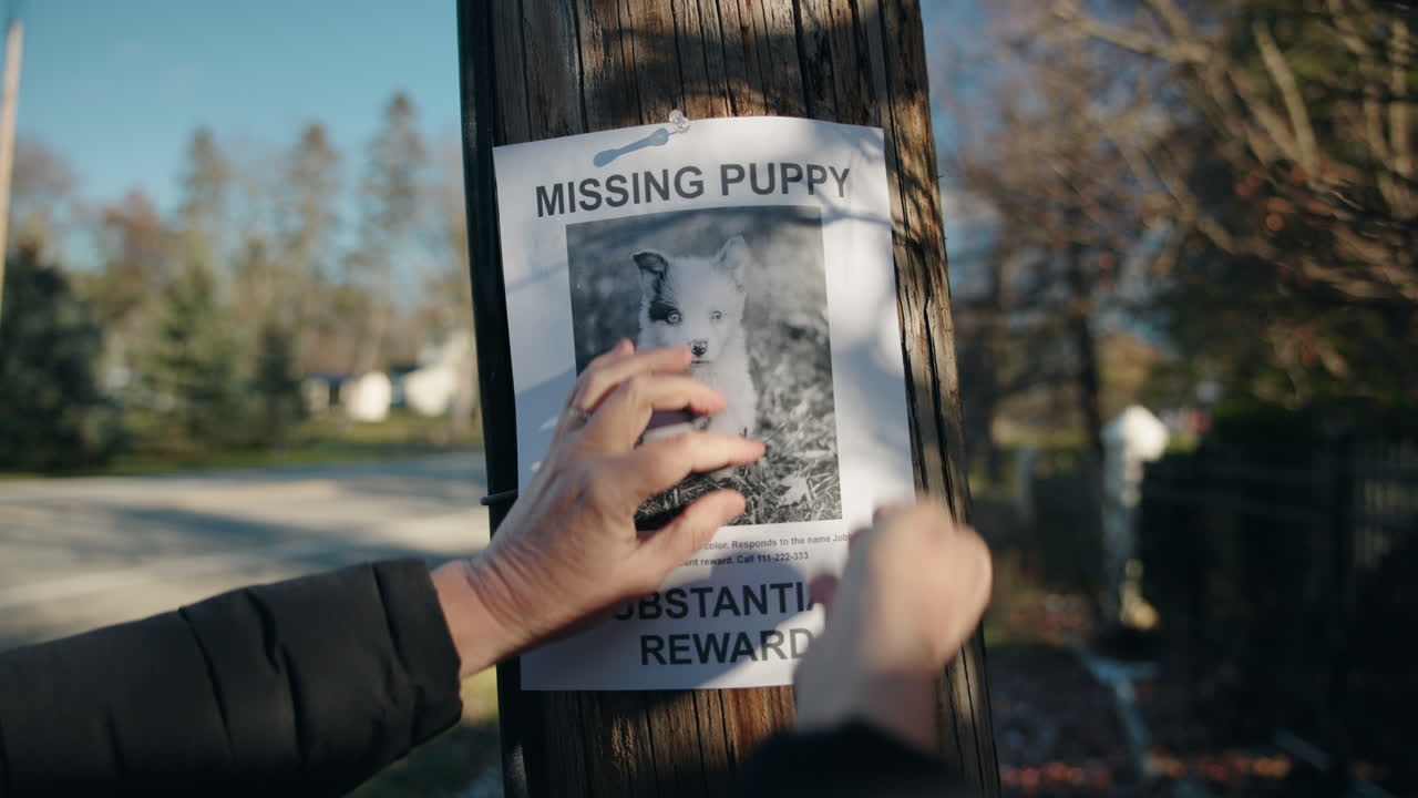 Manos pegando un cartel de cachorro perdido a un poste de madera, escena de calle suburbana con un aviso público de búsqueda de perro.