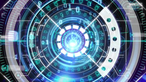 escáner redondo de neón y interfaz digital contra el ojo humano de cerca