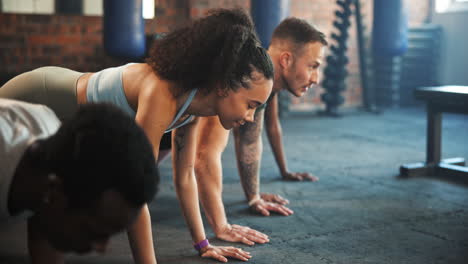 Gym-people,-push-up-and-class-workout