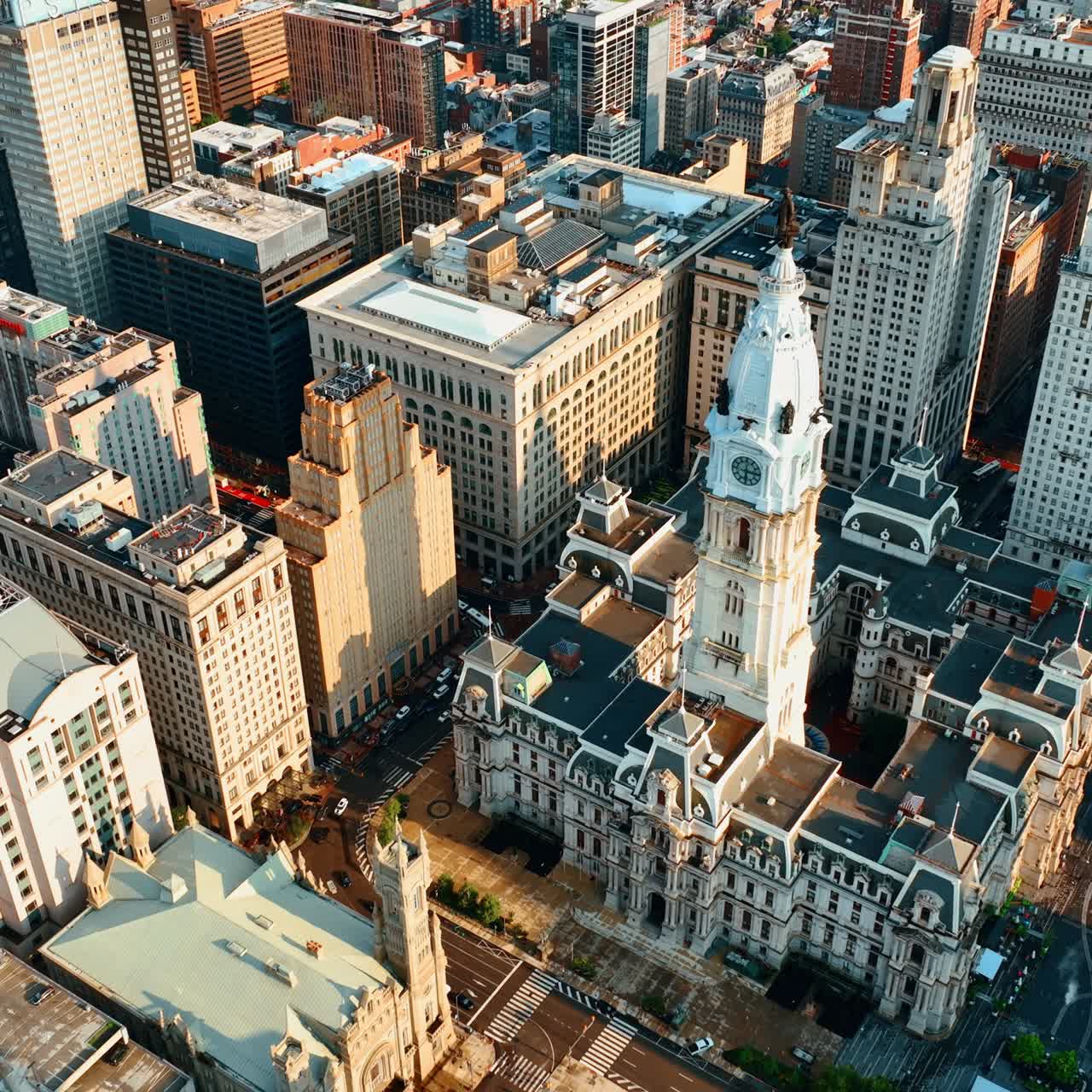 View of Philadelphia City Hall Broad Street from bird's eye perspective. Heart of the city at daytime