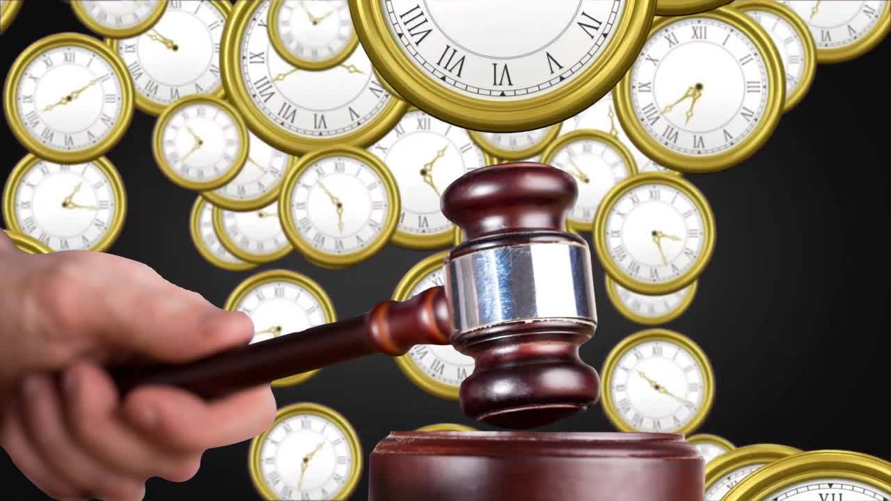 Gavel striking sound block animation over multiple clocks with Roman numerals