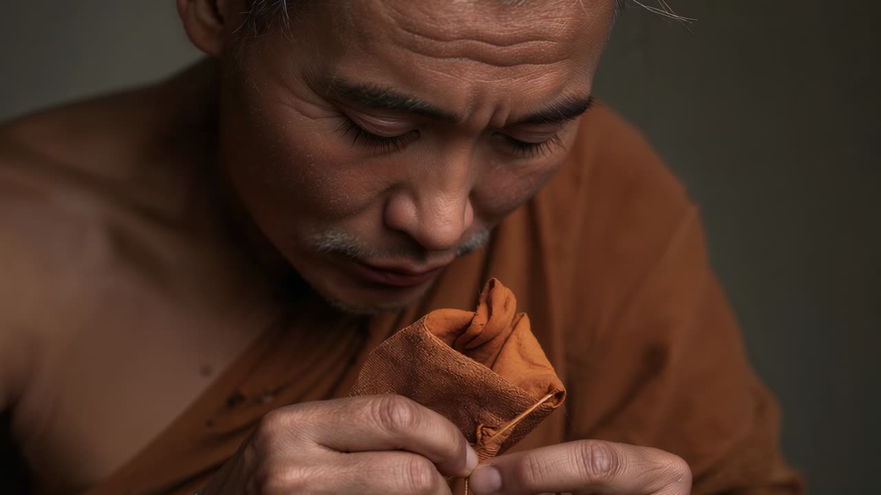 Noticing loose stitch, monk in saffron robe sewing pouch with needle thread in room, securing pouch
