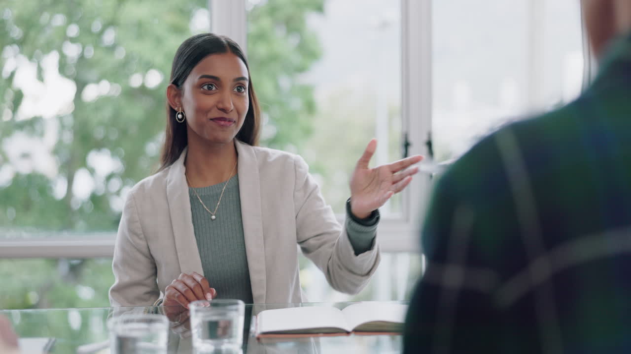 Meeting, talking and a woman with a report