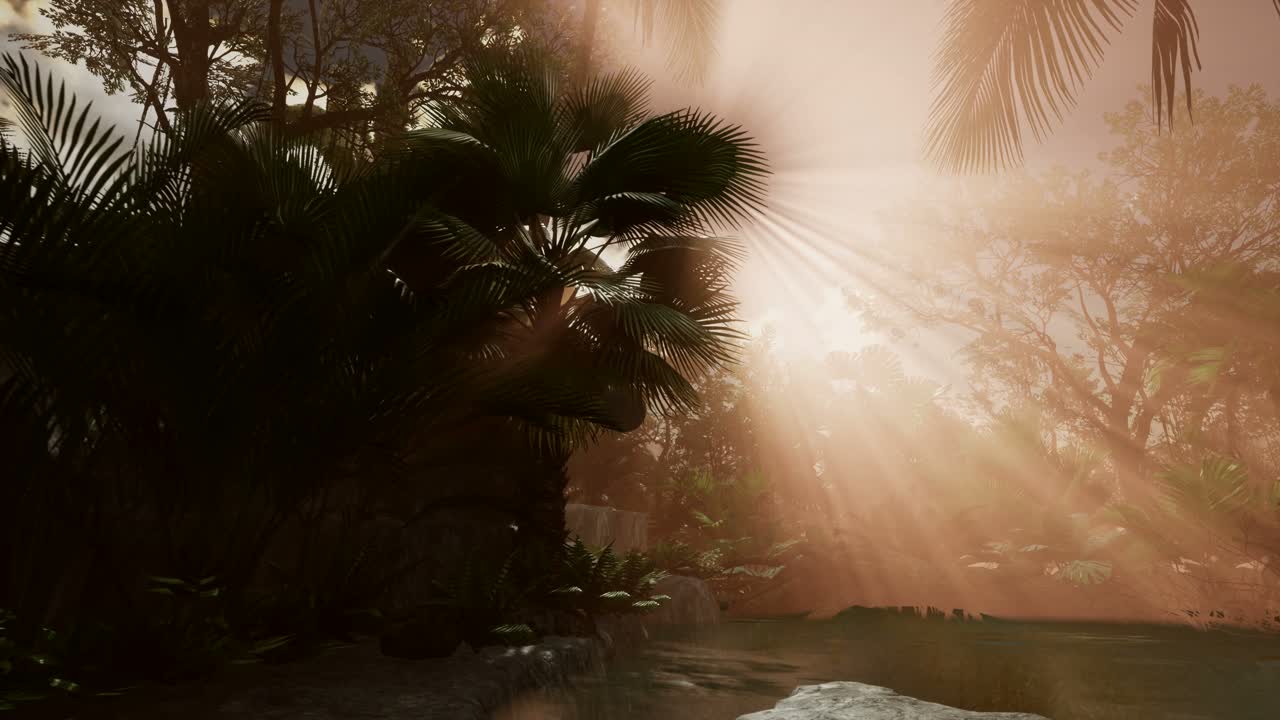 los rayos del atardecer a través de las palmeras