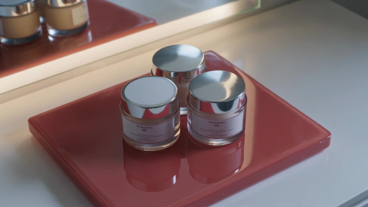 Telecamera che si inclina più vicino, mostrando tre vasetti di cosmetici su un vassoio rosso accanto a uno specchio retroilluminato, mostrando il luccichio del coperchio