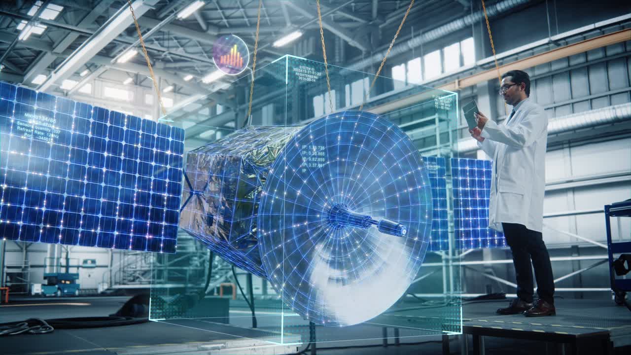 남성 엔지니어는 위성 건설을 위해 태블릿 컴퓨터를 사용합니다. 항공 우주 기관: 과학자는 우주 탐사 우주선을 구축하기 위해 증강 현실 앱에서 디지털화와 시각화를 사용합니다.