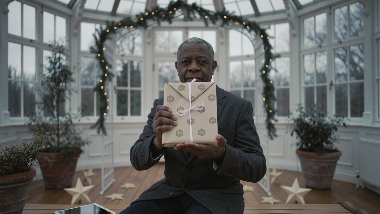 Holding gift, raising senior man in dark suit presenting beige box in conservatory