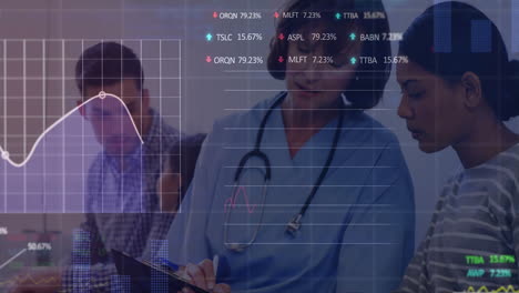 reviewing data, medical professionals with stock market animation overlaid on screen