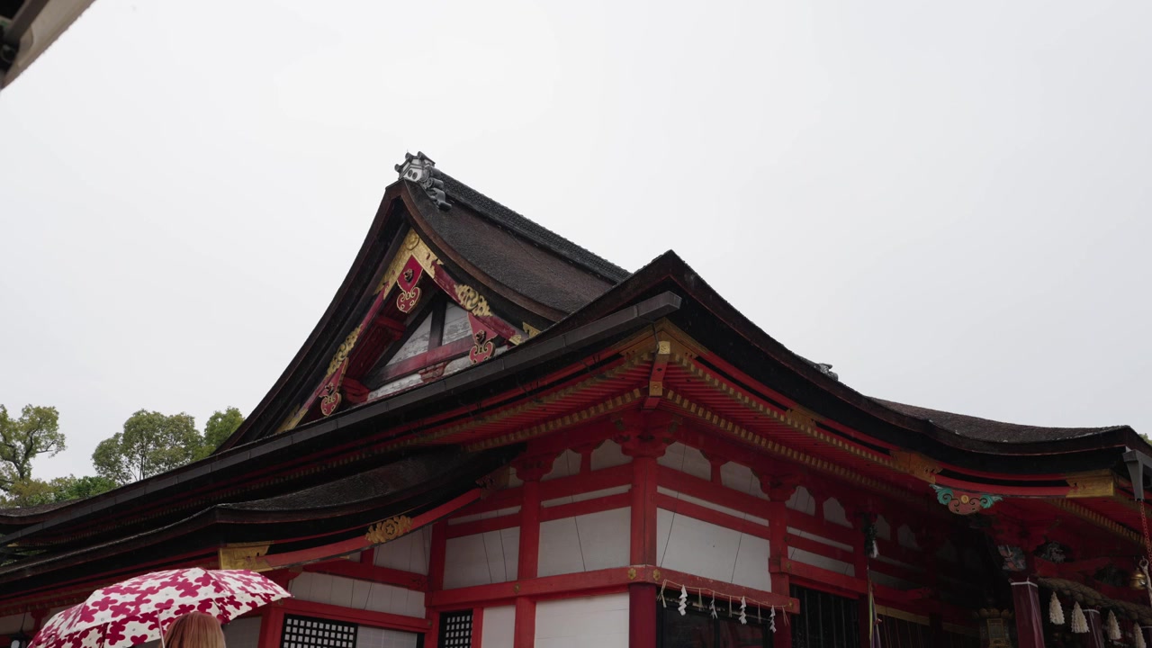 Dramatisk lavvinkelbillede af udsmykket rød og guld hovedhelligdomshalstag ved Fushimi Inari Taisha Kyoto Japan.