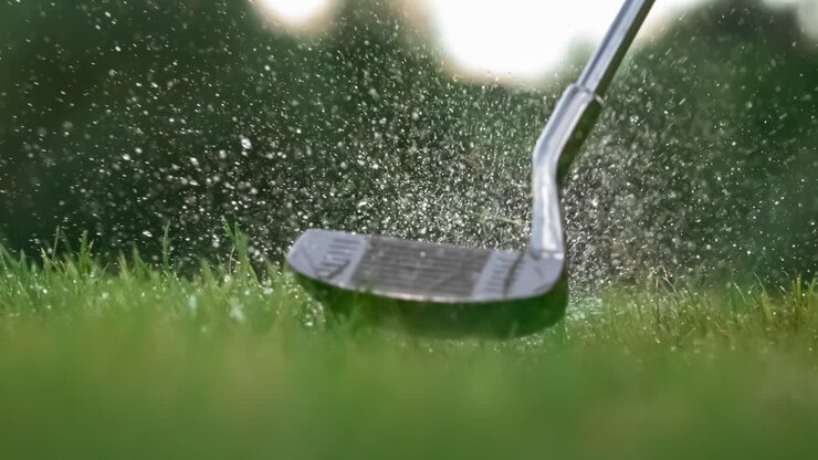 Golf club hits a golf ball in a super slow motion. Drops of morning dew and grass particles rise into the air after the impact.