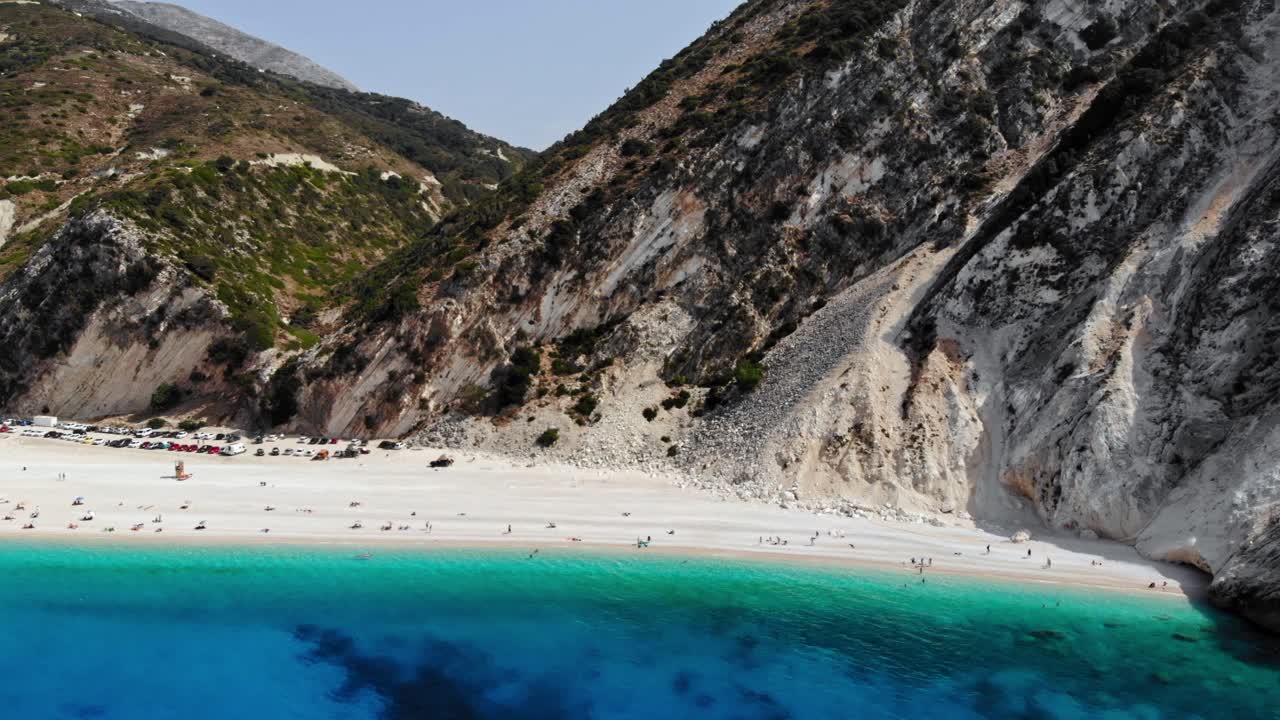 Famous Myrtos Beach in Kefalonia Island, Greece - aerial drone shot
