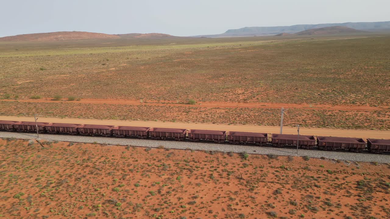 Iron ore wagons on Sishen–Saldanha railway line, South Africa. Aerial